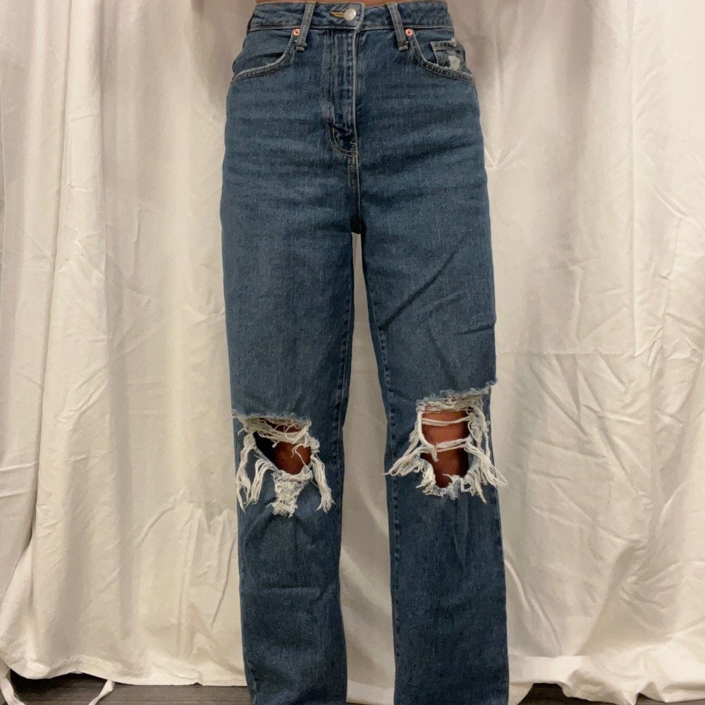 long, high waisted, boyfriend ripped jeans